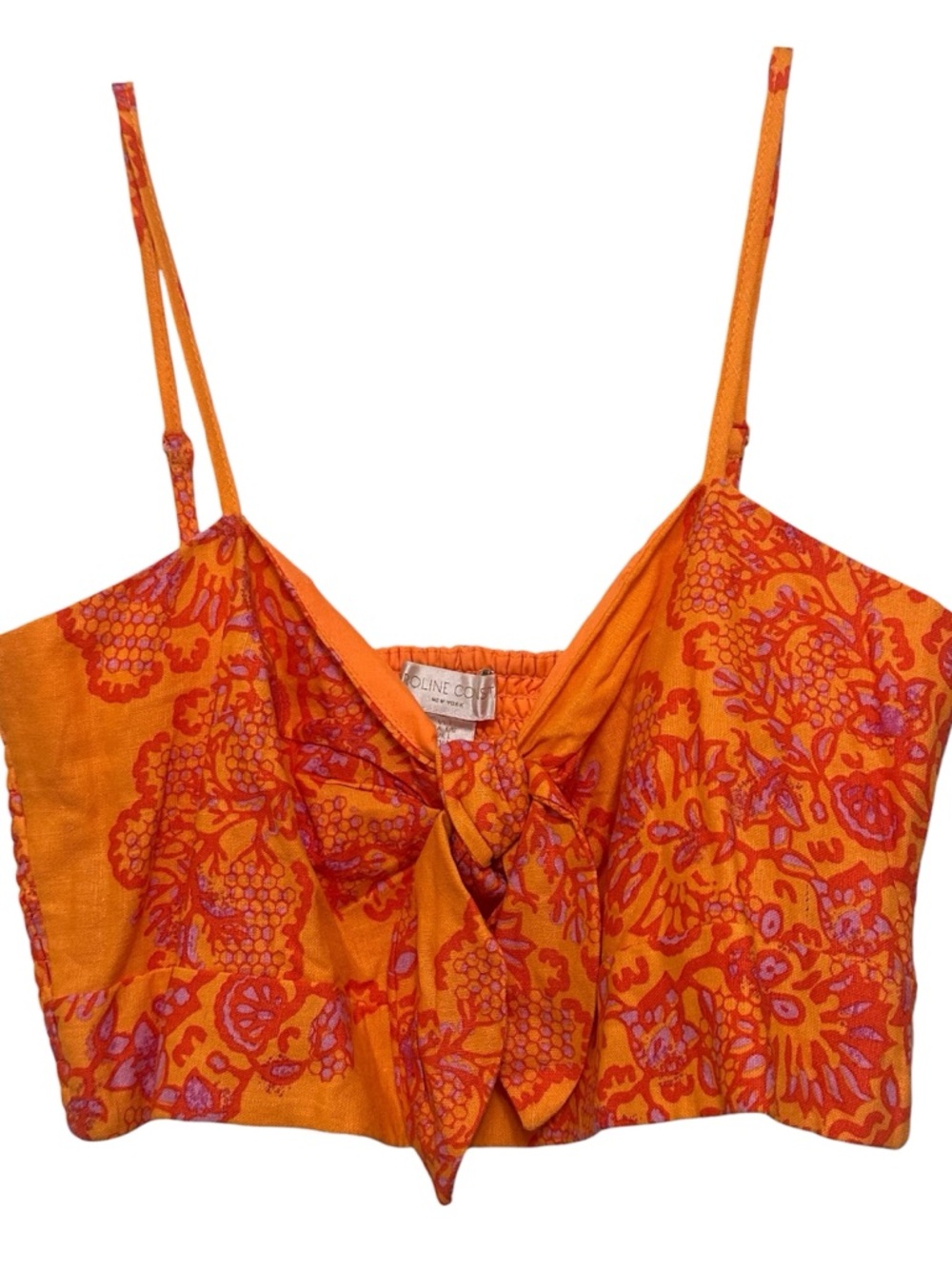 Caroline Constas Orange Floral Tie-Front Crop Top linen blend size Large